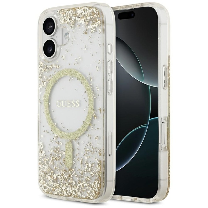 Husa pentru iPhone 17 - Guess Resin Bottom Glitter MagSafe - Gold