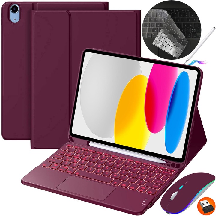 Калъф с клавиатура съвместим с Apple, JODAKOR®. iPad 11-то (A16) 2025 11" и iPad 10-то поколение 2022 10.9", безжична клавиатура със 7 цвята подсветка, отделяща се Bluetooth клавиатура, включва мишка, USB-C, защитен калъф. червен