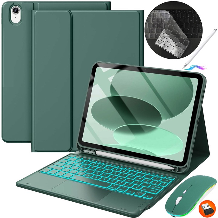Калъф с клавиатура Съвместим с iPad Apple, JODAKOR®. iPad 11-то (A16) 2025 11" и iPad 10-то поколение. 2022 10.9", безжична клавиатура с подсветка в 7 цвята, разглобяема Bluetooth клавиатура, включва мишка, USB-C, защитен калъф. зелен