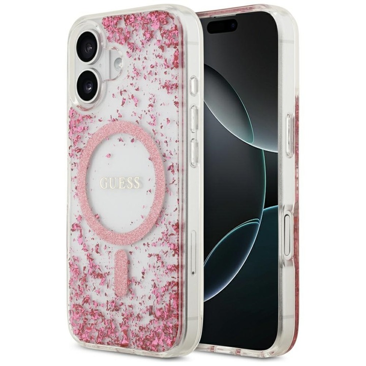 Husa pentru iPhone 17 - Guess Resin Bottom Glitter MagSafe - Pink