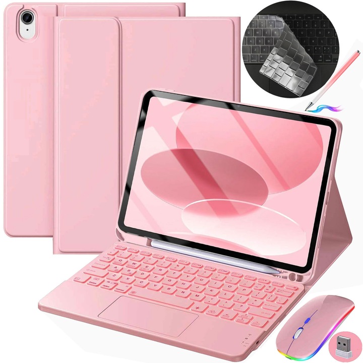 Husa cu tastatura pentru iPad Apple, JODAKOR®. iPad 11th (A16) 2025 11" si iPad 10th Gen. 2022 10.9", tastatura wireless iluminata in 7 culori, Tastatura Bluetooth Detasabila, Include Mouse, USB-C, Carcasa protectie.roz