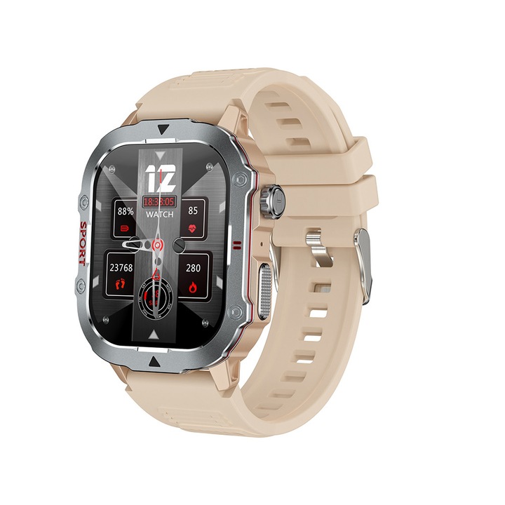 Ceas smartwatch si bratara fitness, Apeluri, Microfon, Difuzor, Notificari/Sms/Social Media, monitorizare activitati fizice, somn, ritm cardiac, pedometru, player muzica, rezistent la apa, Bej