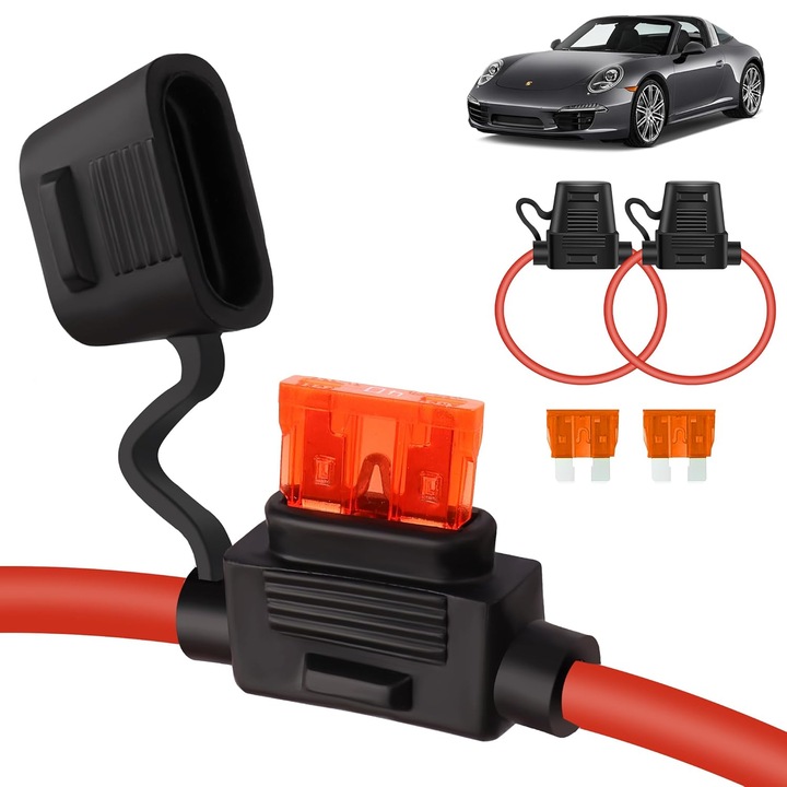 Set 2 buc Cablu Marin Cupru Cositorit 10GA, Suport Siguranta Inline IP67, Sigurante Auto 40A pentru Masini, Camioane, ATV, Barci, Motociclete