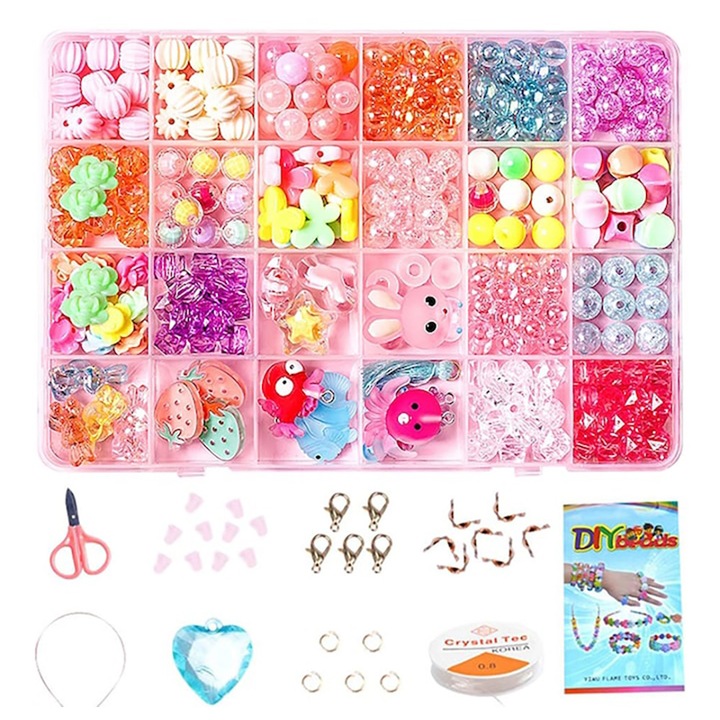 Set margele pentru bijuterii DIY, DONFANLIA®, Cu snur elastic, Rezistent la apa si nu se estompeaza usor, Coliere si inele, Set de facut bijuterii, PlasticElastic, Multicolor