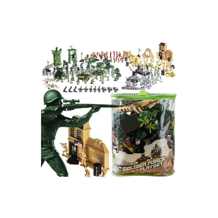 Set baza militara pentru copii, 300 piese, soldati, figurine militare, tanc militar, arme, husa cu maner