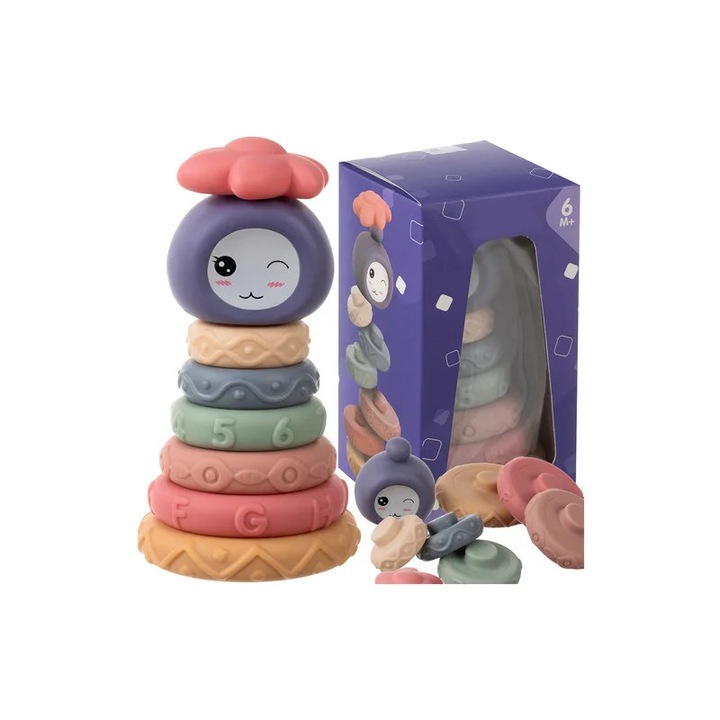 Сензорна играчка пирамида с меки силиконови пръстени, 8 части, 6+ месеца