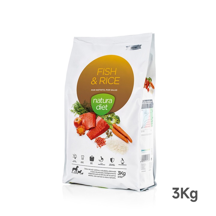 Hrana Caini Natura Diet Fish & Rice, Peste si Orez 3kg, Hipoalergenica, Caini Adulti, Toate Taliile