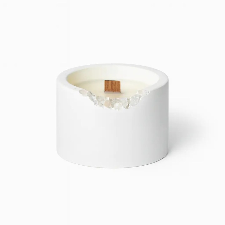 Ароматна соева свещ с кристали от лунен камък, жасмин и ванилия, дървен фитил, 100 гр., Lunera