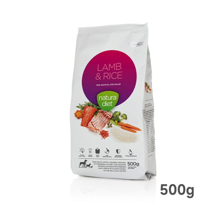 Hrana Caini Natura Diet Lamb & Rice, Miel si Orez 500g, Hipoalergenica, Caini Adulti, Toate Taliile
