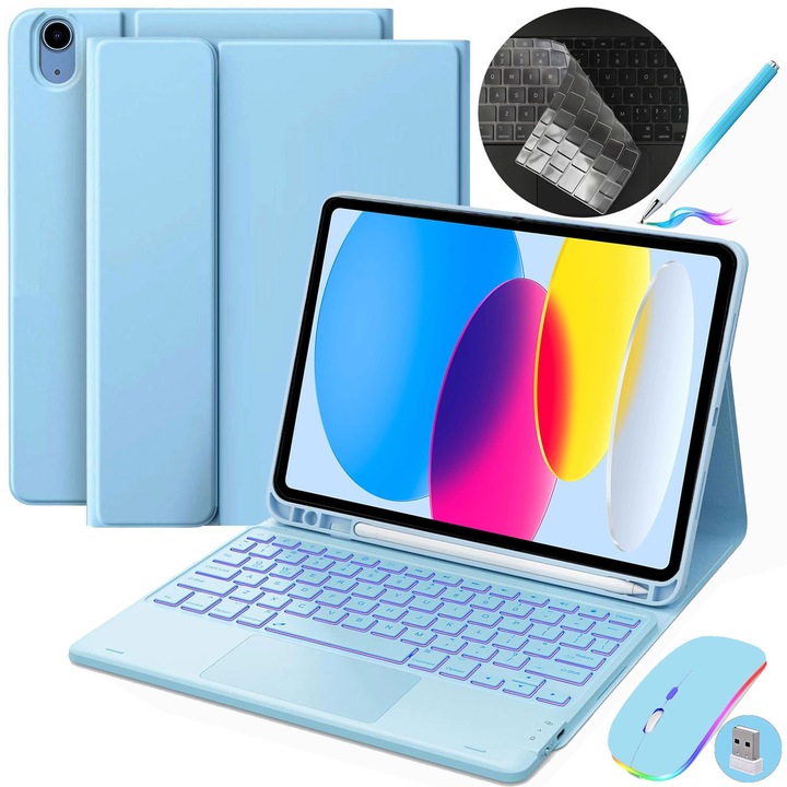 Калъф с клавиатура за iPad Apple, JODAKOR iPad 11-то (A16) 2025 11" и iPad 10-то поколение 2022 10.9", безжична клавиатура със 7 цвята подсветка, отделяща се, Bluetooth, включва мишка, USB-C, светлосин