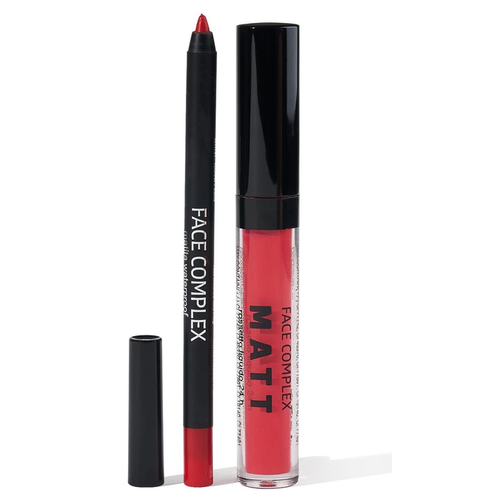 Комплект течно червило и молив за устни Face Complex, водоустойчив, червен