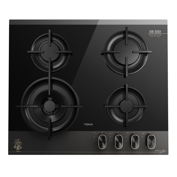 Plită pe gaz Teka GBC 64-VGogh, 4 ochiuri, cristal gri inchis/negru cu detalii în culoarea șampanie, 60 cm, grătare din fontă