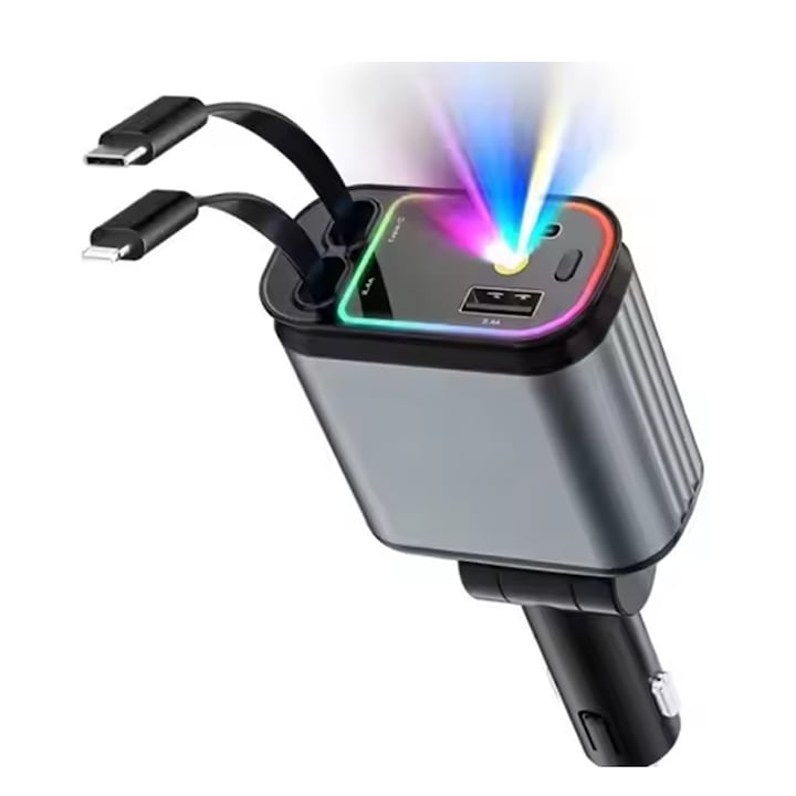 Incarcator auto 4 in 1, 120W, cu 1xcablu retractabil USB-C si 1xcablu compatibil iPhone, lungime 800mm, rotatie 180°, porturi 1xUSB Type-C 5V/3A, 1xUSB A 5V/2.4A, incarcare rapida, Incarcator pentru telefon mobil cu acoperis cu lumina de stele