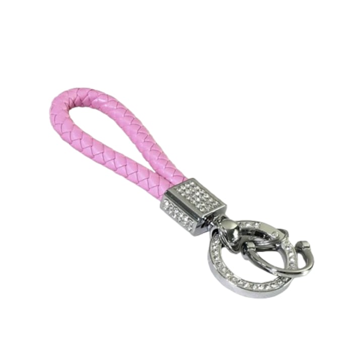 Prémium autókulcs tartó, strasszokkal és fonott bőrrel, rózsaszín