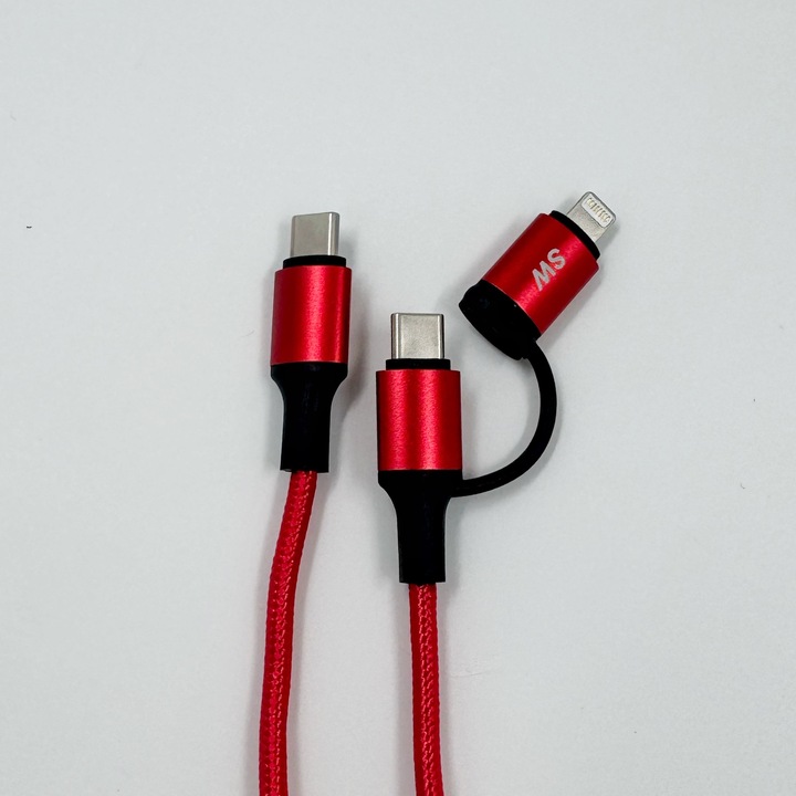 Cablu de date 2 in 1 USB Type-C & Lightning, 25W PD, Impletit, Textil Rezistent, 3 metri, Rosu