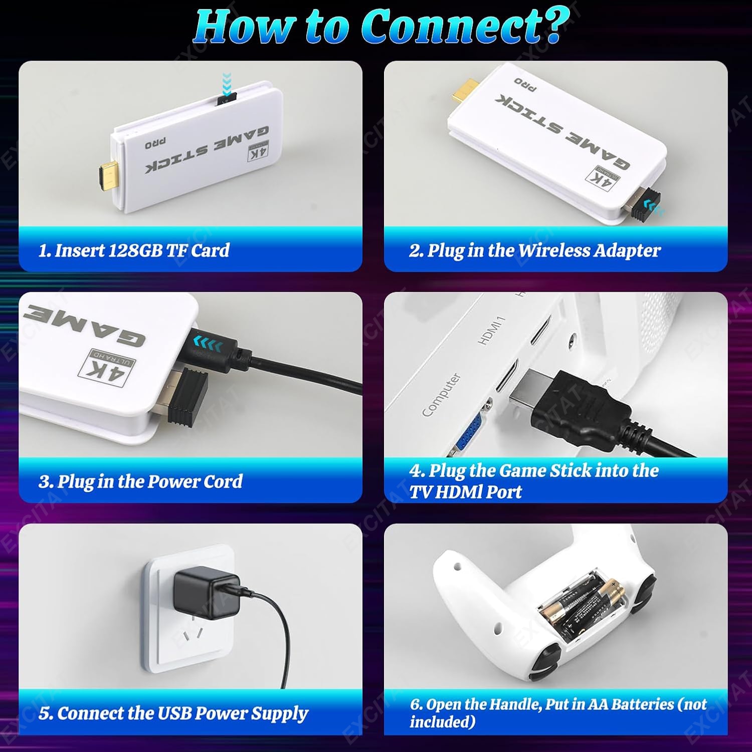Consola jocuri tip stick, Excitat®, PRO 4K, 2 jucatori, 2 controlere wireless 2.4G, 128GB, 31.999 jocuri integrate, HDMI HD, Plug & Play, Compatibil TV/Monitor/Proiector, Alb
