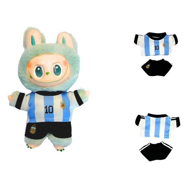Комплект дрехи за кукли или Labubu 17 см, модел футболист, Меси, спортна екипировка, Аржентина