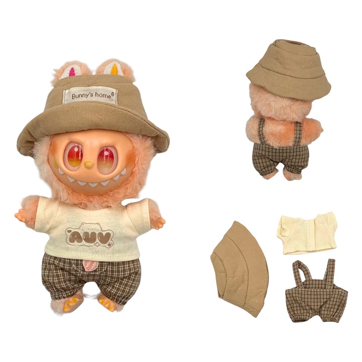Комплект дрехи за кукли или Labubu 17 см, дневен модел, състоящ се от три части, бежов и кафяв, качествен памук, аксесоари Labubu
