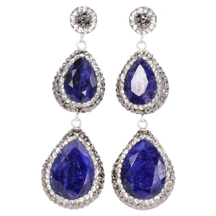 Cercei argint statement cu 2 x safir albastru, hematit, CZ