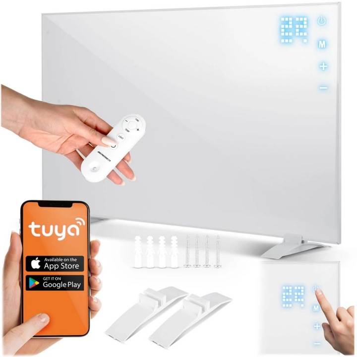 Infravörös fűtőtest, LED kijelző, érintőpanel, távirányító, Tuya Smart alkalmazás, beépített termosztát, túlmelegedés elleni védelem, 600 W, IPX4, 100 x 60 cm
