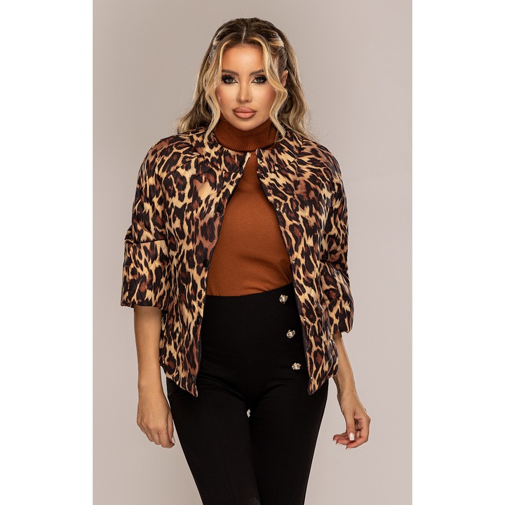 Jacheta dama, scurta, din fas, matlasat, cu capse, toamna, primavara, animal print, S/M