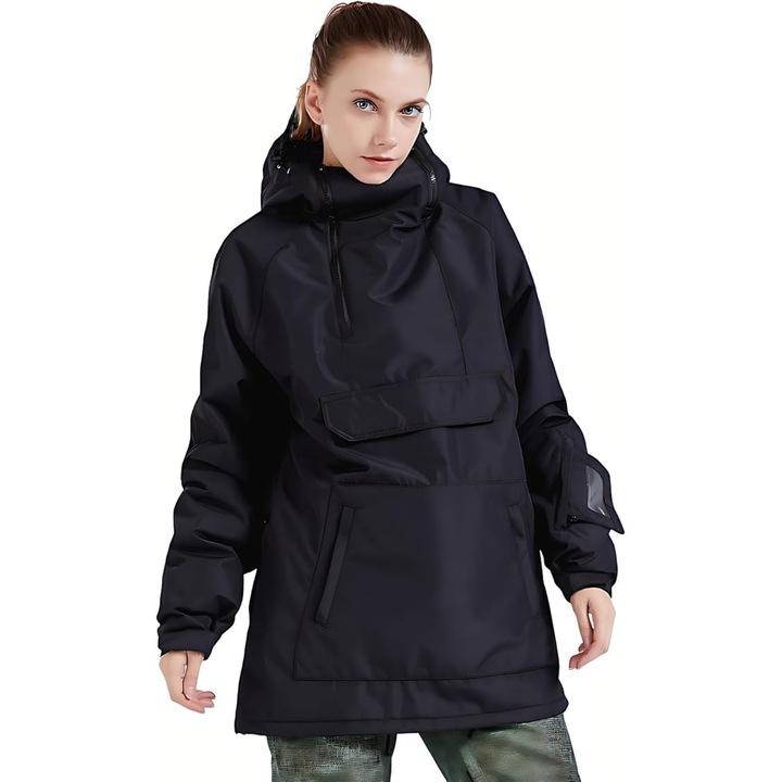 Jacheta de schi dama, cu fermoar 1/4 la gat – calduroasa, impermeabila si rezistenta la vant, cu gluga reglabila si buzunar skipass, Negru-Imprimeu Urs pe Spate, Negru