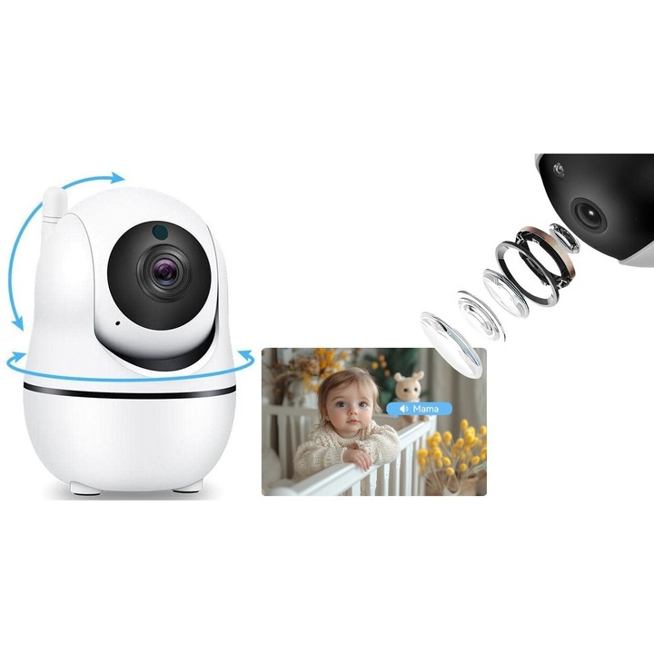 Camera pentru Baby Monitor HelloKid™ SE, Rotire 355°, Night Vision, Zoom 2X, Comunicare Bidirectionala, Senzor Temperatura, Alb
