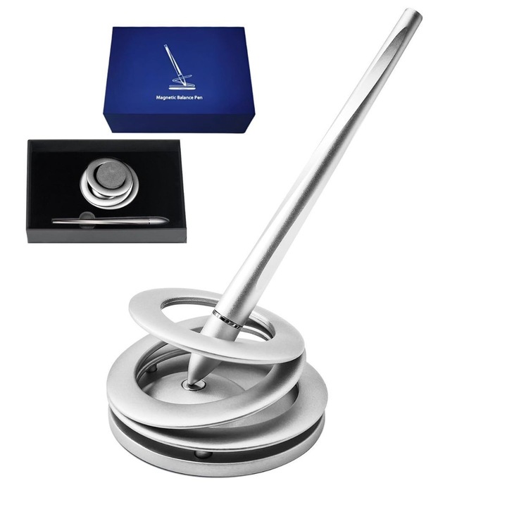 Pix Magnetic cu Levitatie, Baza Metalica Stabila, Design Premium Plutitor, Accesoriu elegant si unic pentru birou sau casa, Scriere fluida, Ideal pentru cadou de lux pentru femei si barbati, business, Gri