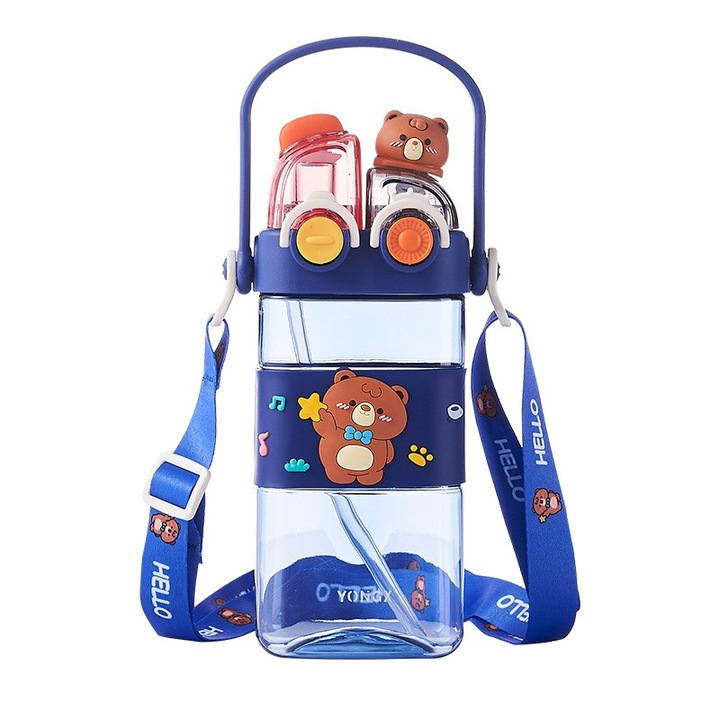 Бутилка за вода 2 в 1 Mixbo, със сламка, каишка и дръжка, пластмасова, синя, 450 мл