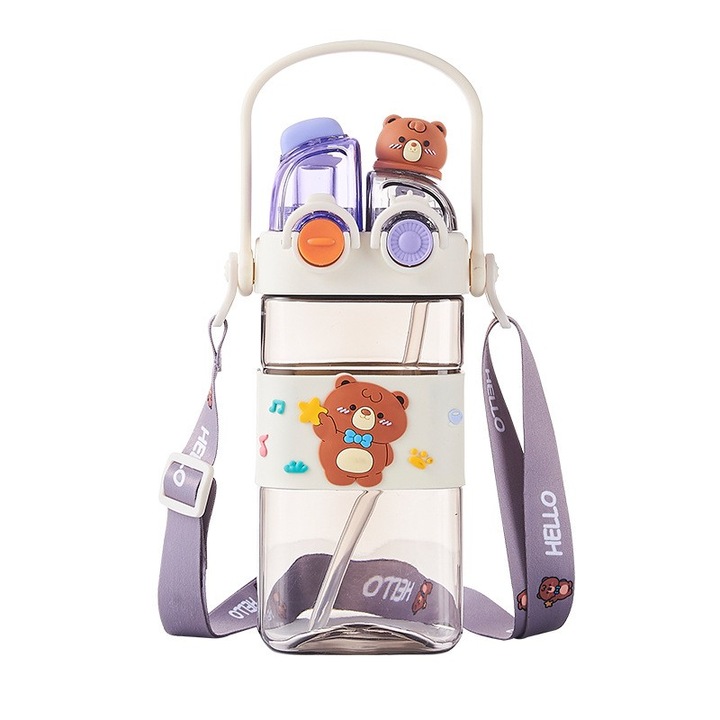 Бутилка за вода 2 в 1 Mixbo, със сламка, лента и дръжка, пластмаса, черно/бяло, 450 мл