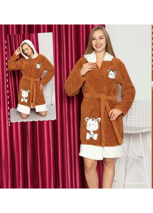 Halat dama cocolino, StarFashion, cu gluga si cordon in talie, imprimeu vesel, Maro cafeniu