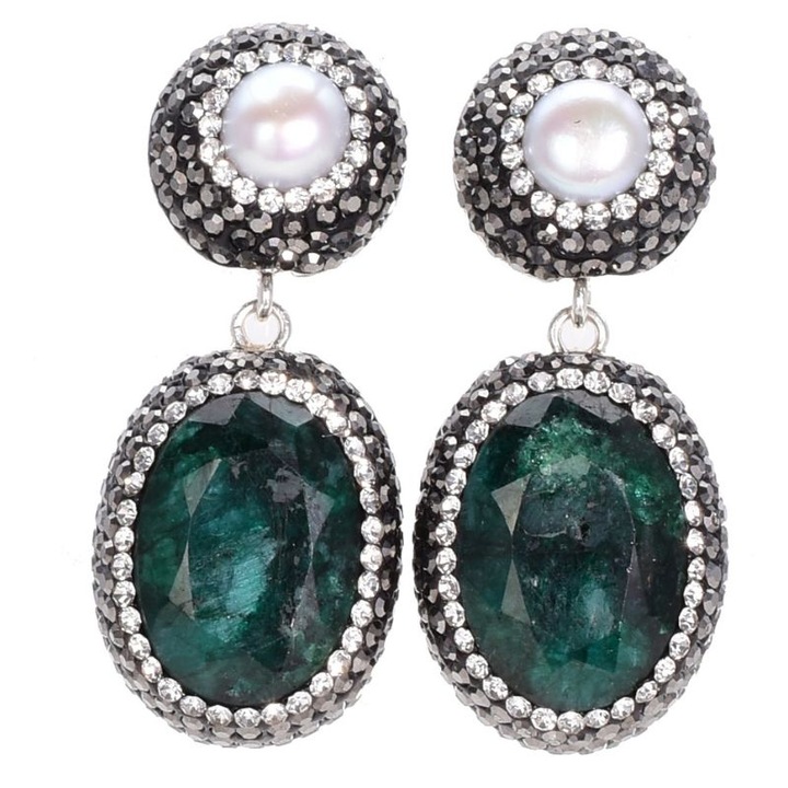Cercei argint cu smarald, perle, hematit, CZ
