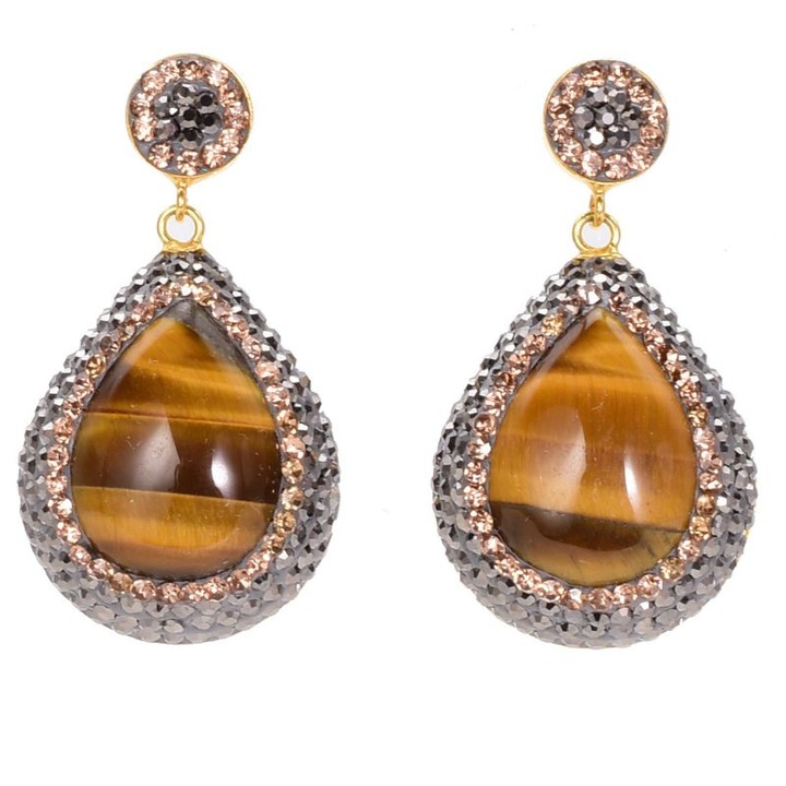 Cercei de argint cu ochi de tigru, hematit, CZ