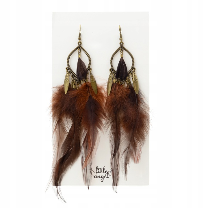 Cercei boho, Little Angel, Pene naturale, Maro/Auriu