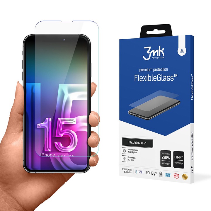 Folie telefon 3MK FlexibleGlass pentru iPhone 15 transparentă, antisoc, flexibilă