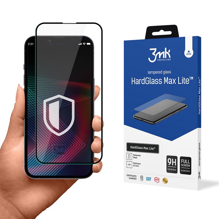 Фолио за iPhone 13/iPhone 13 Pro/iPhone 14, HardGlass Max Lite Tempered Screen Protector, A13, Закалено стъкло, Black