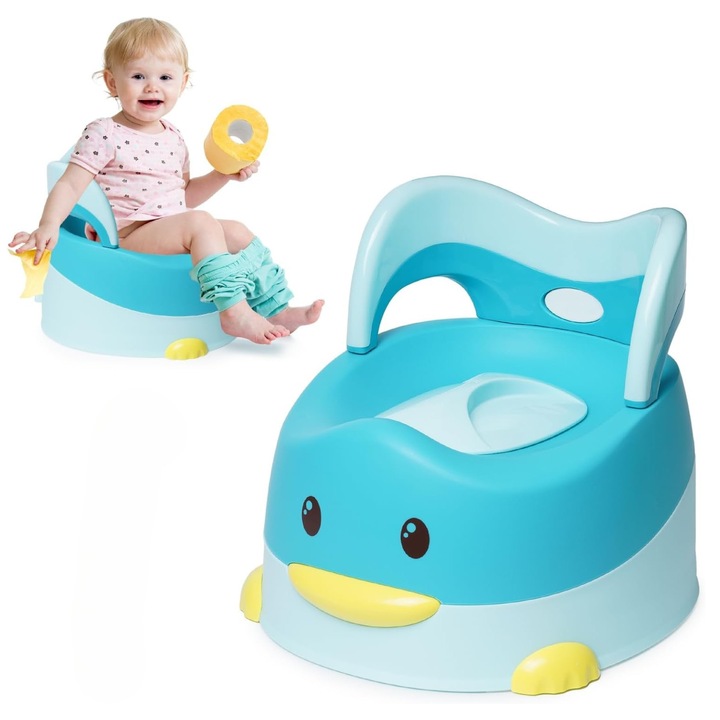 Гърне за деца Infiniteea™, Мултифункционално, 6+ месеца, Образователно, Ергономично, Преносимо, Мека седалка, Подвижен съд, Противоплъзгаща повърхност, Забавен дизайн с облегалка, Включен капак, Пате, Синьо