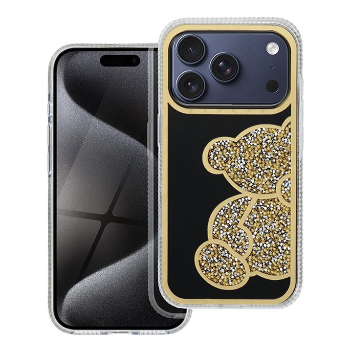 Калъф за Apple iPhone 17 Pro Max, Crystal Teddy, Дизайн тип мече, Блестящи кристали, Издръжлив, Устойчив на удари и надрасквания, Златист