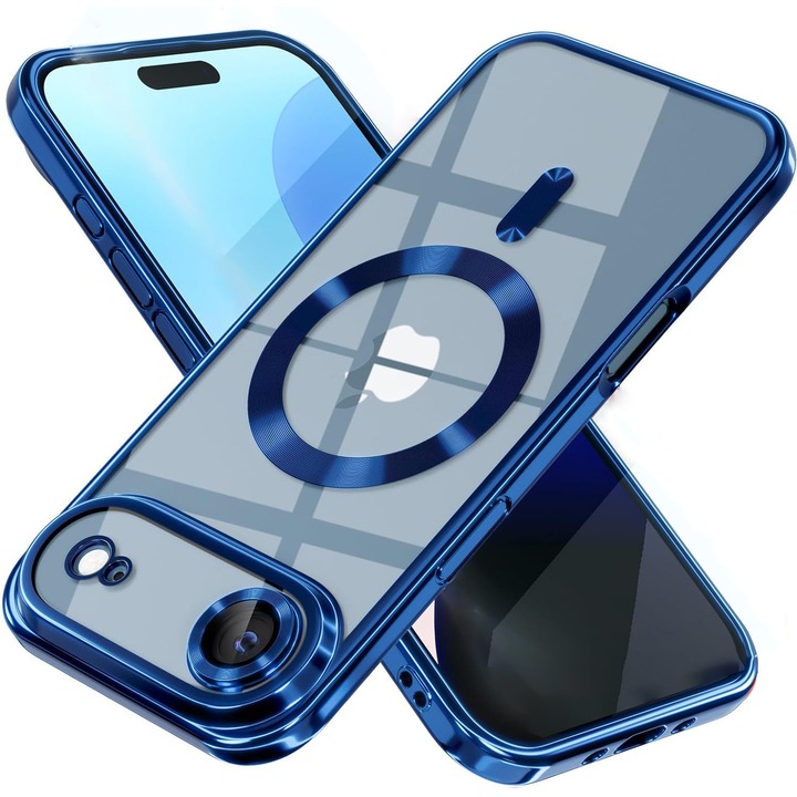 Husa pentru Apple iPhone 17 Air DaDen MagSafe Full Luxury, Antisoc, Protectie Camera, Margini Metalizate, Transparenta cu Margini Albastre