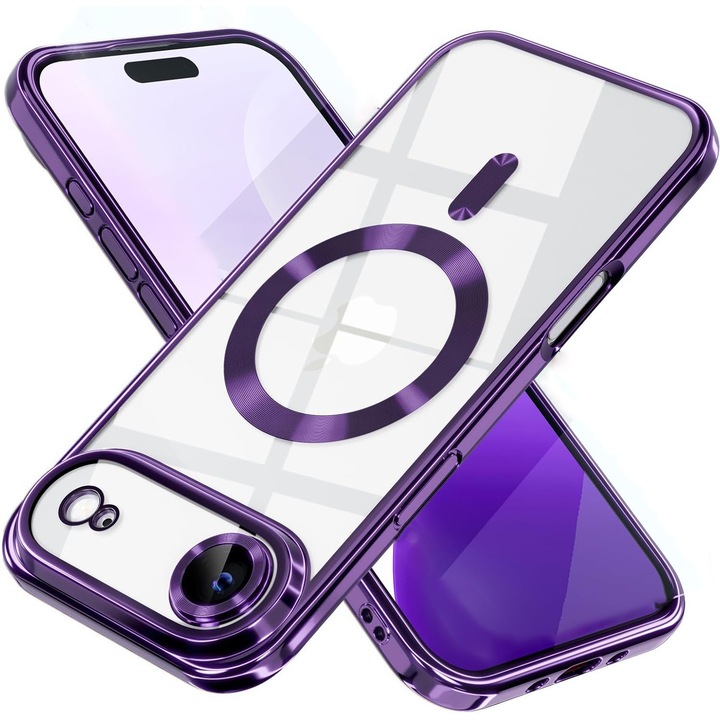 Husa pentru Apple iPhone 17 Air DaDen MagSafe Full Luxury, Ütésálló, Kamera Védelem, Fémezett Szélek, Átlátszó, Lila Szegéllyel