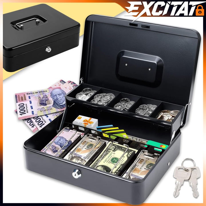 Кутия за пари Excitat, преносима, 10 отделения, с 2 ключа, сгъваем дизайн със скоба, заоблени ъгли, голям капацитет, черна, 300x240x92 мм