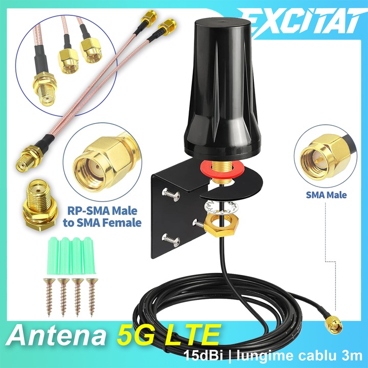 5G LTE kültéri antenna, Excitat®, 15 dBi, 600–6000 MHz sáv, RG58 3 m kábel, SMA + RP-SMA adapter, vízálló, IoT/WiFi-hez, fekete