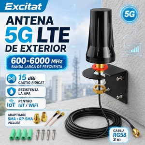 Antena Outdoor 5G LTE, Excitat®, 15 dBi, banda 600–6000 MHz, cablu RG58 3m, SMA + adaptor RP-SMA, Impermeabilă, pentru IoT/WiFi, Negru