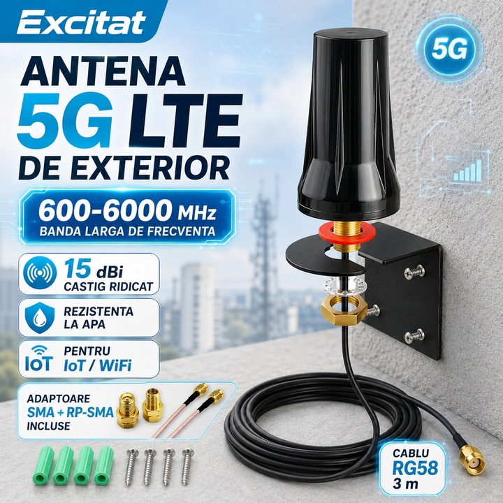 Antena Outdoor 5G LTE, Excitat®, 15 dBi, banda 600–6000 MHz, cablu RG58 3m, SMA + adaptor RP-SMA, Impermeabila, pentru IoT/WiFi, Negru