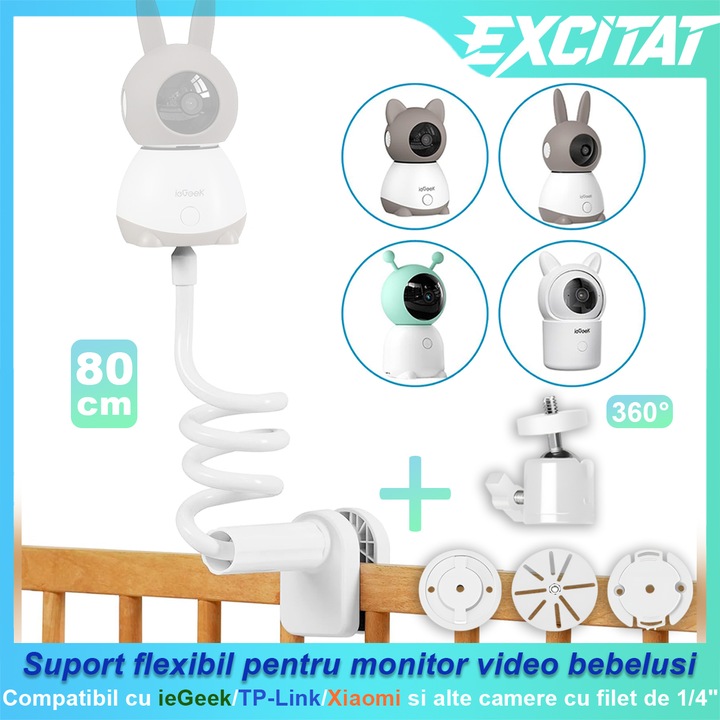Гъвкава стойка за видео бебефон, Excitat®, съвместима с ieGeek/TP-Link/Xiaomi и универсална, с 3 включени монтажни основи, монтаж без пробиване, комплект с въртяща се глава, 80 см, Бяла