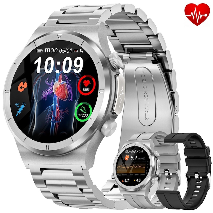 Ceas Smartwatch Barbati FOSMET®, Ecran AMOLED 1.39", Monitorizare Glicemie Non-invaziva/ECG+PPG+HR Monitorizarea Sanatatii Cardiace/Tens Arteriala/Temperatura/Spo2/Somn, Apeluri Bluetooth 5.3, 3 Curele, Baterie 300 mAh, Rezistenta 5ATM, Argintiu