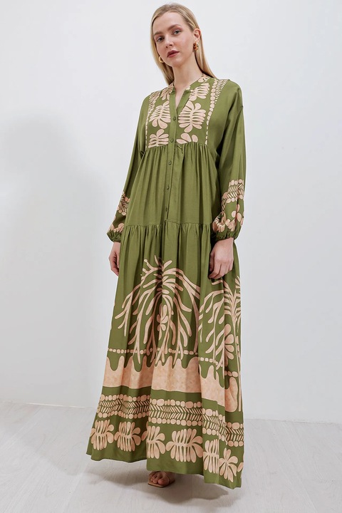 Rochie maxi HiCCUP BDART, decolteu in V, captusita, textil, kaki