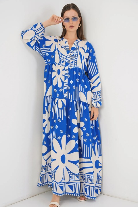 Rochie maxi HiCCUP BDART, inchidere cu nasturi, textil, albastru