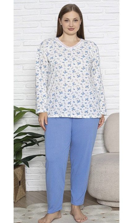 Pijama bumbac marime mare Dama Confortabila, Set cu Bluza si Pantaloni lungi mov 16209/16194 11599, Albastru