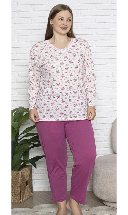 Nagyméretű pamut pizsama Női Kényelmes, Rózsaszín hosszú ujjú felsővel és nadrággal szett 16209 11604, Rózsaszín